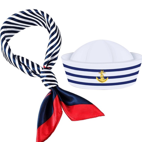 2Pcs Yacht Captain Hat Sailor Ship Cap and Scarf 
Men or Women Dressing up Party - Picture 1 of 5